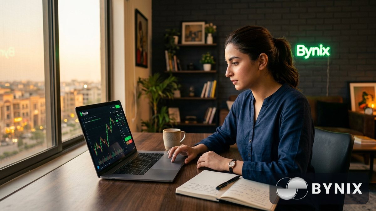 ایک شخص موبائل پر Bynix app کھولے ہوئے ہے، ساتھ journal pages اور market notes ہیں، dark app پر سبز Bynix logo واضح ہے، morning light کھڑکی سے آ رہی ہے۔
