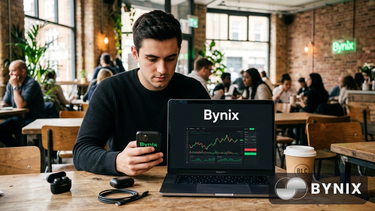 Trader using a phone with the Bynix app on a café table beside a laptop during warm daylight.