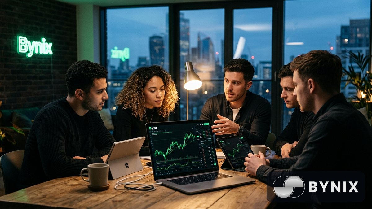 Small team reviewing Bynix trading charts on a laptop in an evening workspace.