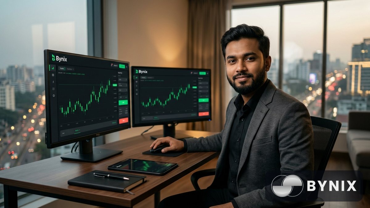 Bynix Funded challenge ও মোবাইল ট্রেডিংয়ের ছবি