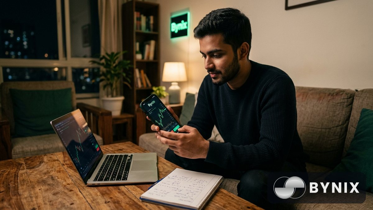 Bynix डेमो और लाइव ट्रेडिंग का दृश्य: फोन पर डार्क ऐप में हरी Bynix logo के साथ स्क्रीन देखता ट्रेडर।