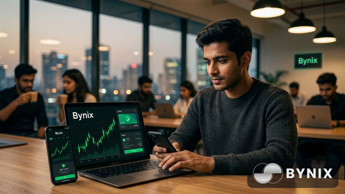 Bynix फंडेड ट्रेडिंग और मोबाइल एक्सेस का दृश्य: लैपटॉप और फोन पर हरी Bynix logo के साथ डार्क ऐप।