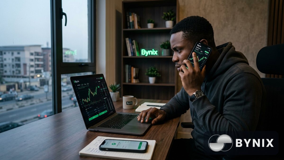 Trader for room dey check Bynix app for phone while candlelight and laptop monitor dey shine.