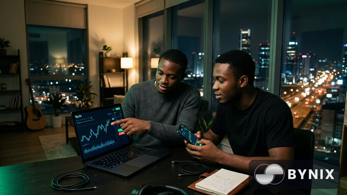 Person dey fund trade with phone and laptop, Bynix logo dey show for dark app screen.
