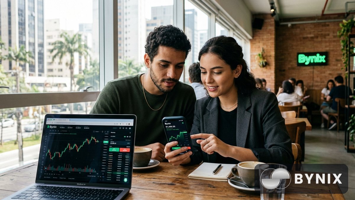 Trader brasileiro usando celular com aplicativo de trading escuro e logo Bynix verde, em café urbano com clima profissional e luz natural.