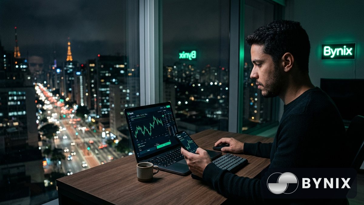 Pessoa no celular ao lado de notebook com app de trading escuro e logo Bynix verde, em mesa de trabalho com luz noturna.