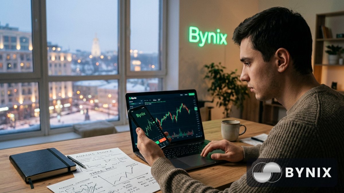 Торговый терминал Bynix на смартфоне рядом с ноутбуком