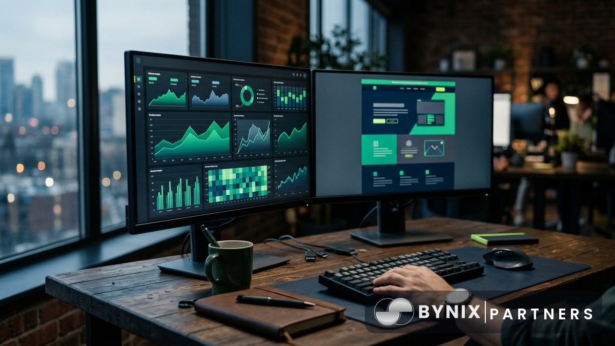 Media buyer reviewing campaign metrics and affiliate tracking setup for a compliant Bynix paid traffic test