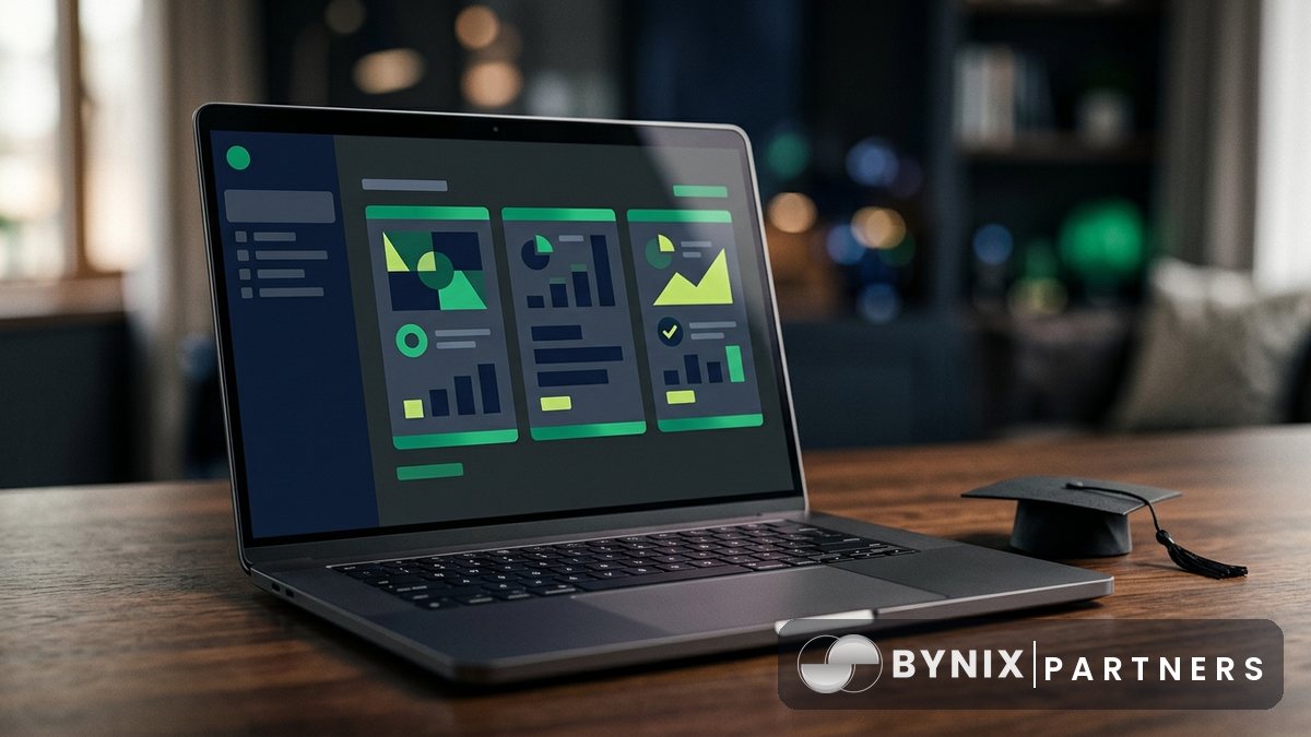 Bynix Partner Academy lesson pages and insight decks on desktop and mobile